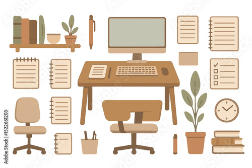 Workspace essentials and stationery in soft flat design style