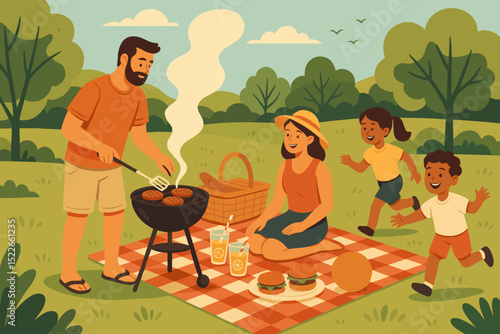Family relaxing at a summer picnic with burgers and outdoor play