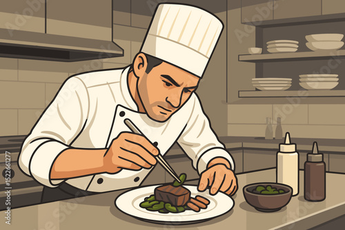 Chef carefully plating gourmet dish in professional kitchen