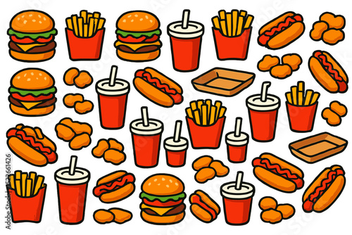 Seamless pattern of cartoon fast food items on warm background
