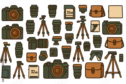 A comprehensive set of camera gear icons, including cameras, lenses, tripods, bags, SD cards, and accessories.