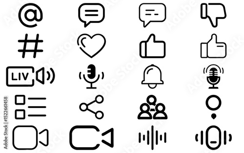 Social Media & Communication icons vector set. Chat, message, like, share, notification, user, and network symbols pack