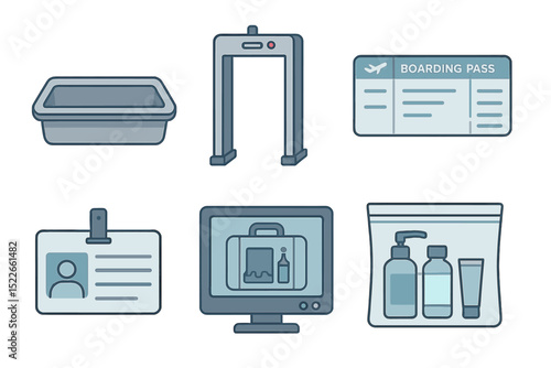 Flat airport security icons with ID, scanner, and liquids bag