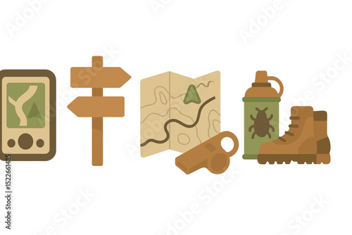 Outdoor essentials for hiking and trekking: GPS, directional signposts, detailed map, whistle, insect repellent, and durable hiking boots.