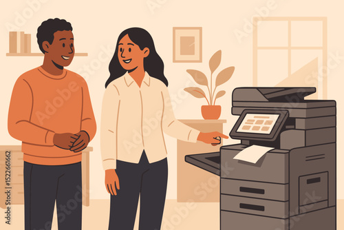 Coworkers smiling while using office printer together