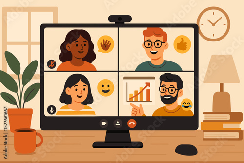 Virtual meeting with cheerful team and presentation screen