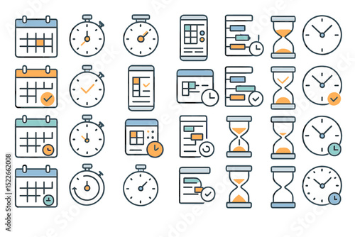 Flat time management icons with calendars, clocks, and timelines