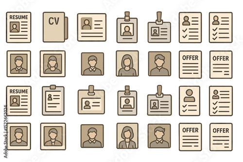 Pattern of resume, ID, profile, and offer icons in warm neutral tones