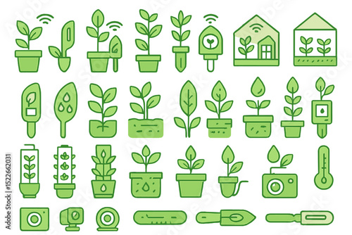 Set of icons for plant care, smart agriculture, and environmental sensors.