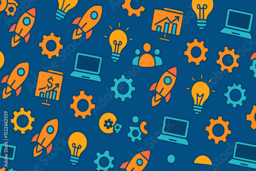 Seamless startup pattern with rockets, laptops, and business icons