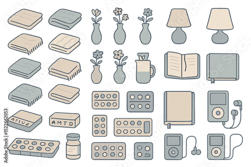 Collection of senior lifestyle icons with soft muted tones