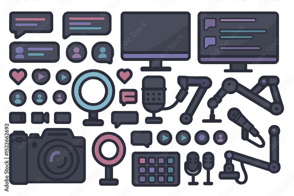 Digital tools and equipment for content creation showcased in a colorful design featuring microphones, cameras, and screens Digital tools and equipment for content creation showcased in a colorful design featuring microphones, cameras, and screens