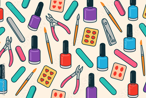 Colorful array of manicure tools and nail polishes arranged harmoniously on a light background
