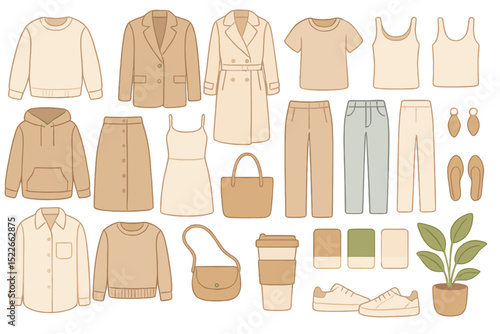 Fashion clothing collection with neutral tones and versatile styles suitable for various occasions in a laid-back presentation
