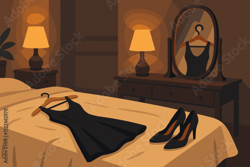 Elegant black dress and high heels arranged on a bed in a softly lit bedroom setting
