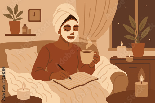 Enjoying a relaxing evening with a face mask, warm drink, and cozy ambiance in a well-lit room