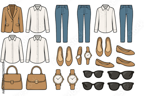 Fashionable outfit combination ideas for casual and formal occasions featuring various clothing items and accessories