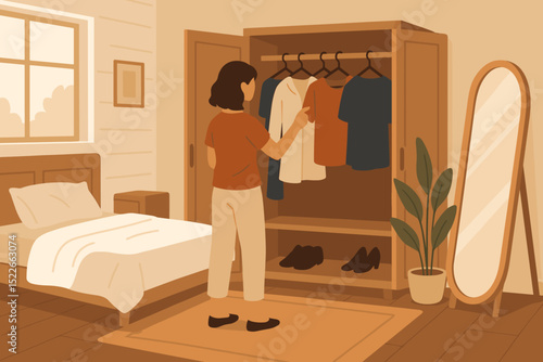 Choosing outfits in a cozy bedroom with a stylish wardrobe and natural light in the morning