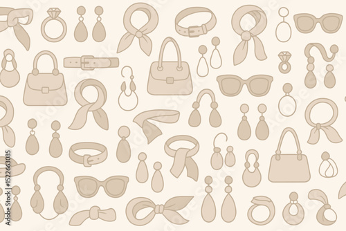 Decorative pattern featuring assorted accessories such as bags, scarves, sunglasses, and jewelry in a soft color palette