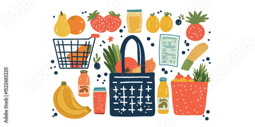  fruits, drinks and packages,  groceries in a basket – minimalist style