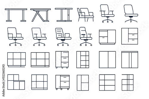 Modern office furniture design ideas featuring various desks, chairs, and storage units for stylish workspaces