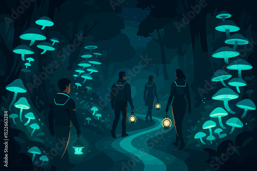 Group of four explorers walking through a mystical forest filled with glowing mushrooms under a starry sky