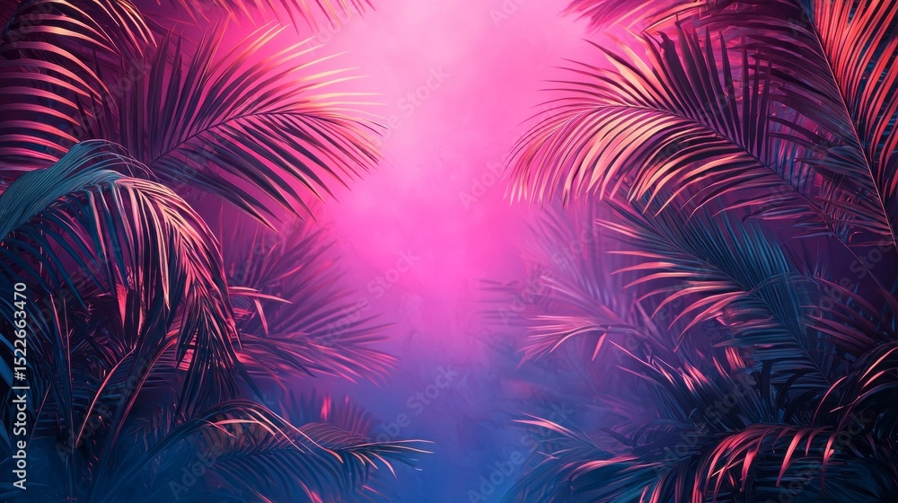 Vibrant tropical palm leaves creating a lush backdrop with bold colors and soft mist Vibrant tropical palm leaves creating a lush backdrop with bold colors and soft mist