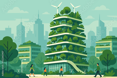 Innovative green architecture showcases sustainable design in urban city landscape with solar panels and wind turbines