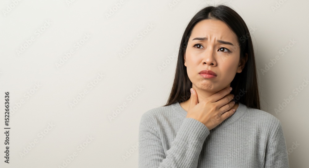 Woman with sore throat in front of a white wall in an indoor location Woman with sore throat in front of a white wall in an indoor location