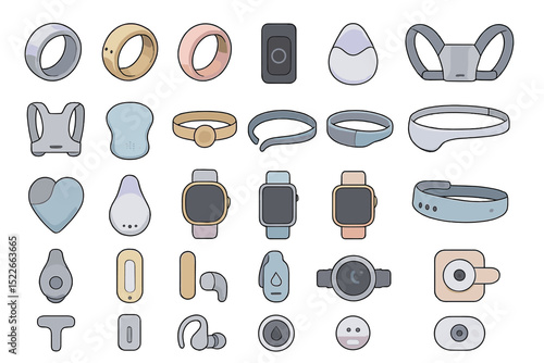 Collection of modern wearable technology gadgets for fitness tracking and health monitoring displayed on a soft background