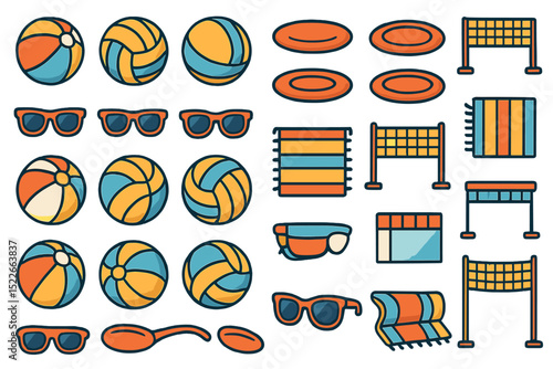 Colorful collection of beach and pool accessories displayed on a light background for summer activities