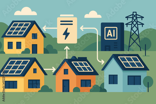 Smart homes connect through renewable energy sources and artificial intelligence technology in modern neighborhood