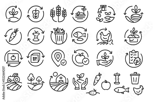 Illustrations showcasing sustainable farming practices, recycling, and food production processes with a focus on eco-friendliness