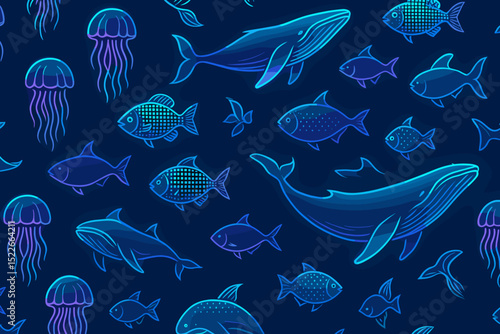 Vibrant underwater pattern featuring various sea creatures in glowing blue and purple colors