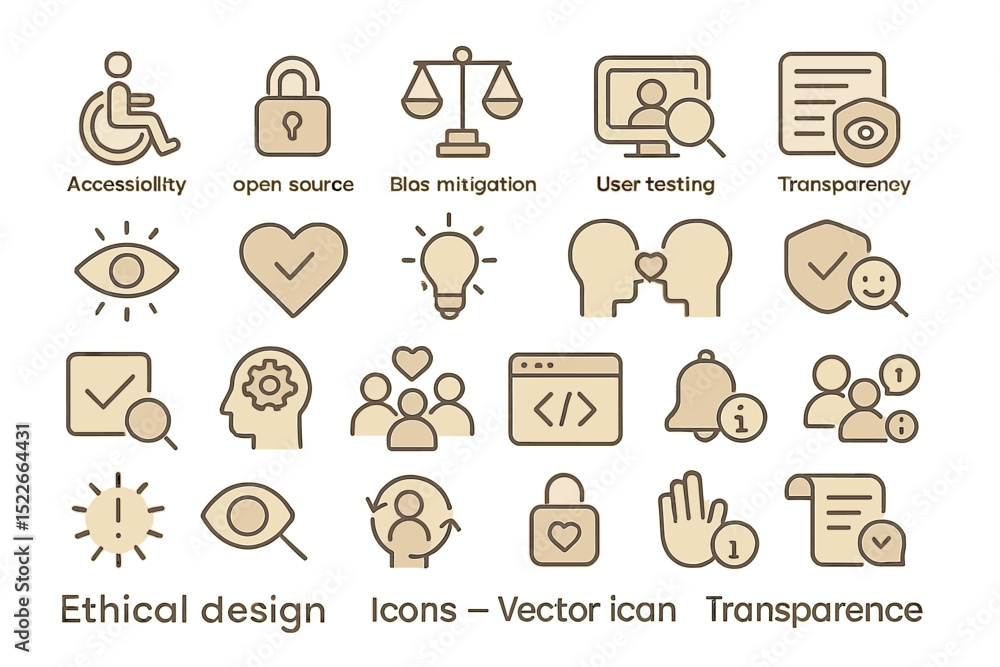 Fototapeta premium Icons representing ethical design principles and user-centered practices in a digital context for accessibility and transparency