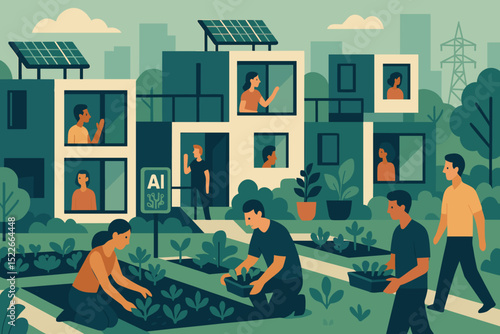 Community members engage in urban gardening within eco-friendly homes in a bustling city during a sunny afternoon