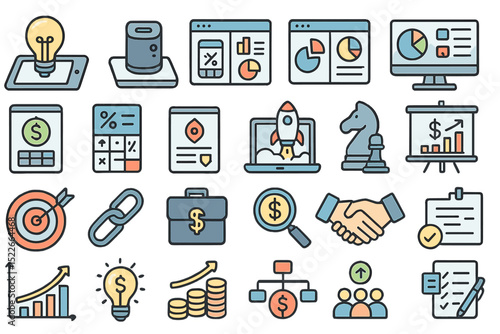 Variety of business and finance icons depicting analysis, strategy, and technology in a modern setting