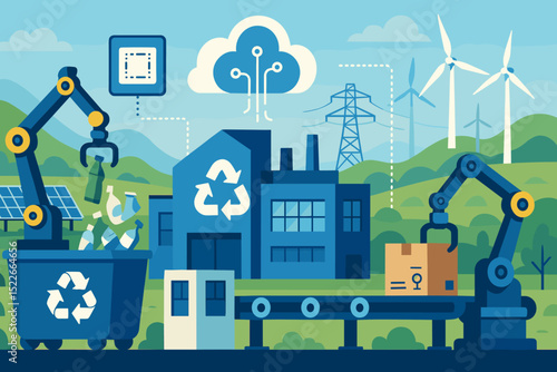 Modern recycling facility using technology for waste management and sustainability in a green landscape