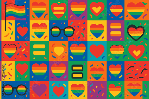 Colorful mosaic of hearts and symbols celebrating pride in a vibrant display of inclusivity and love
