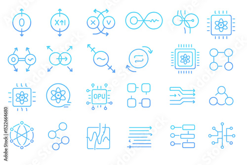 Symbols illustrating quantum computing concepts with varied designs and styles in a modern layout