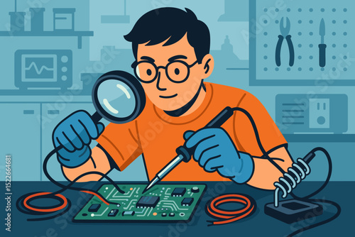 Young technician repairs circuit board in workshop using soldering iron and magnifying glass during daylight hours