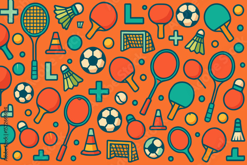 Colorful pattern of sports equipment including rackets, balls, and cones on a vibrant orange background