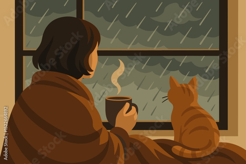Woman enjoys warm drink with cat while watching rain outside a window on a cozy day