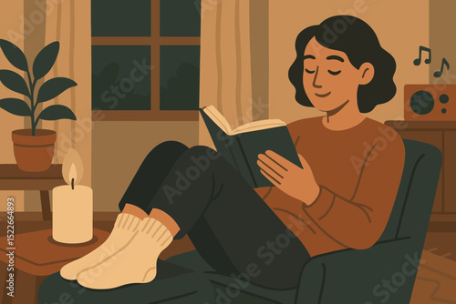 Cozy evening of reading in a warm living room with candlelight and soft music playing