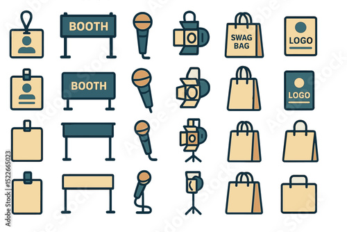 Booth setup with microphones, signage, and swag bags at an event in a convention center during daylight hours