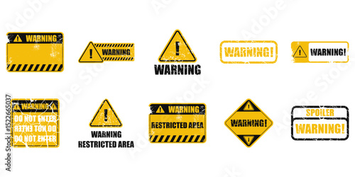 Set of warning sign label. Warning and caution label on white background. Vector isolated.