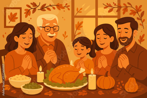 Family gathers to give thanks and share a meal during autumn celebration with turkey and candles