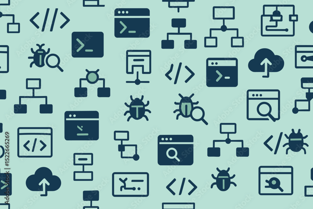 Dark tech icons pattern with coding, bugs, and cloud upload symbols Dark tech icons pattern with coding, bugs, and cloud upload symbols