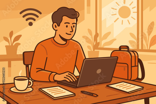 Remote work setup in a cozy room with a man using a laptop while enjoying coffee in the afternoon light