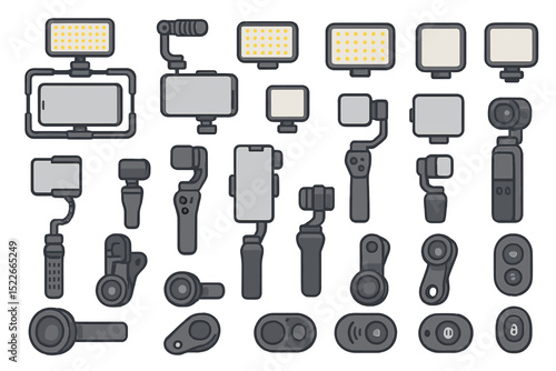 Collection of camera accessories including gimbals and lights on a white background for video production